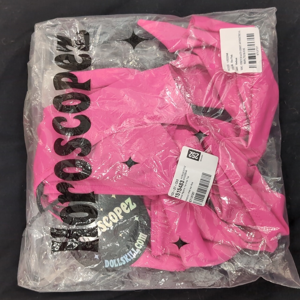 NWT DOLLS KILL Hot Pink tie crop top Asymmetrical Sz M Horoscopez - Picture 7 of 10